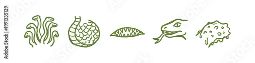 Green hand-drawn icons of mythical creatures and their elements