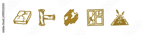 Gold hand-drawn icons of broken objects and damaged structures