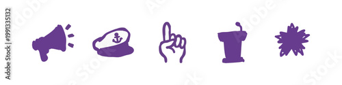 Purple Hand Drawn Communication and Leadership Icons Set with Megaphone Captain Hat and Podium