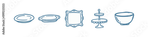 Blue hand-drawn icons of tableware, serving dishes and decorative frames