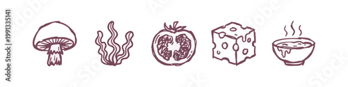 Purple hand-drawn icons of food items and related elements