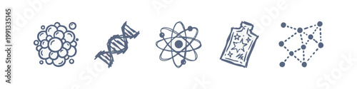 Blue hand-drawn icons representing scientific concepts and molecules