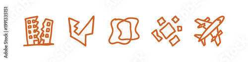 Orange hand-drawn icons representing buildings, travel and abstract shapes