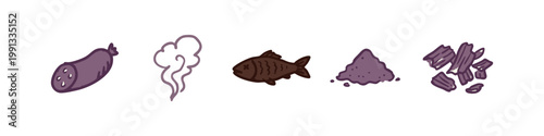 Purple hand-drawn icons of food, smoke, and related ingredients