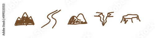Brown hand-drawn icons of mountainous landscapes and natural formations