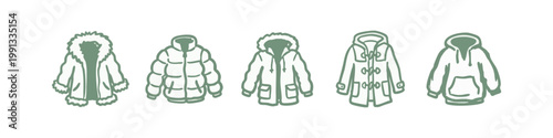 Green hand-drawn icons of various winter jackets and coats
