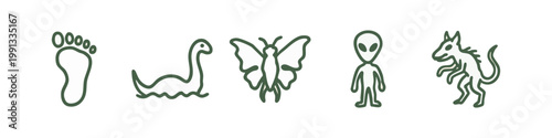 Green Hand Drawn Cryptid and Mythical Creatures Icons Set with Bigfoot Loch Ness Monster and Alien