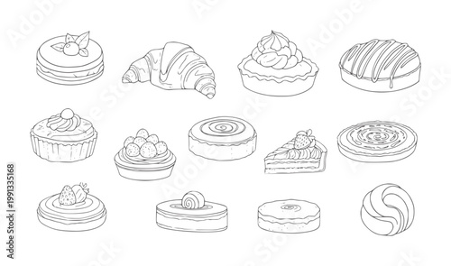Collection of hand drawn pastry and dessert line cake croissant tart