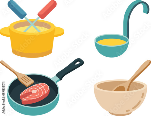 Minimal cooking utensils set with fondue pot ladle pan and mixing bowl flat vector kitchen illustration on white background