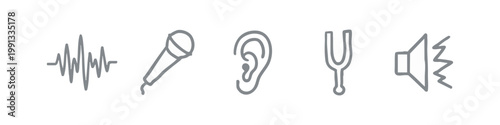 Grey Hand Drawn Audio and Sound Icons Set with Microphone Ear Tuning Fork and Speaker