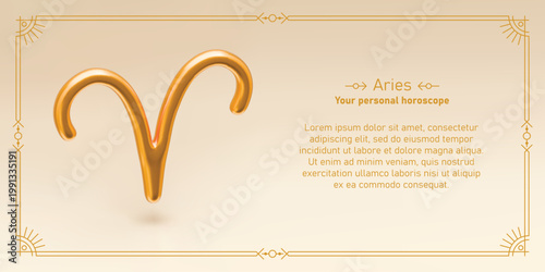 Aries horoscope prediction. Monthly astrology forecast. 3D realistic golden zodiac sign, line frame and text about Aries. Mystical vector design of yearly horoscope.