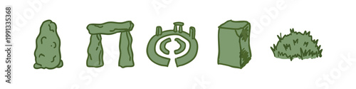 Doodle style ancient stones and monoliths icon set