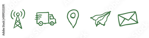 Doodle style icons for communication, logistics, and connection