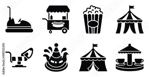 Amusement park and carnival glyph icons showing popular rides, food, and tents for entertainment graphics