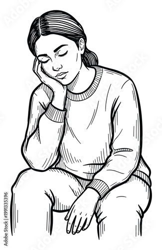 Young woman rests head on hand with closed eyes conveying sleepiness or deep thought for wellbeing content