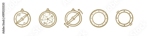 Doodle icons: compass, constellation map, rotating compass, compass rose