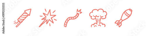 Doodle icons: firework rocket, sparkler, firecracker, explosion, bomb