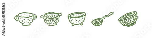 Set of five hand-drawn illustrations of kitchen strainers and bowls