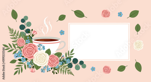 Floral greeting card template for International Tea Day or Mother's Day with tea cup and blooming roses