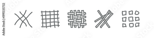Obraz na plátně Set of 5 doodle icons: criss-cross lines, grid, woven pattern, stacked lines, squares