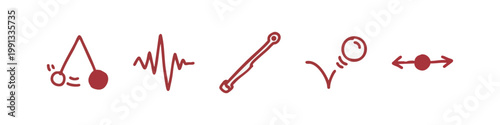 Set of 5 doodle icons: pendulum, electrocardiogram, rod, bouncing ball, arrow.