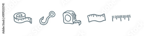 Set of 5 doodle icons: measuring tape, hook, tape measure, ruler, markings.