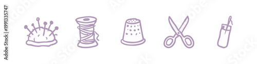Photos Set of 5 doodle icons: pin cushion, spool of thread, thimble, scissors, needle