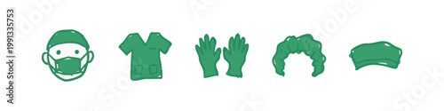 Set of 5 doodle icons: surgeon face mask, scrub top, gloves, hairnet, cap.