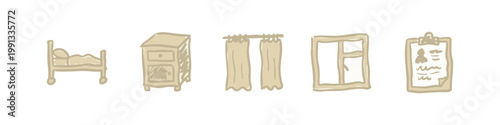 Set of 5 doodle icons: bed, nightstand, curtains, window, clipboard.