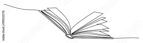 Continuous line drawing of an open book with fanned pages symbolizing knowledge and reading perfect for educational and literary projects