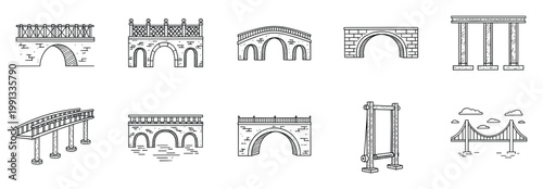Various types of hand drawn bridge outlines for architectural design, civil engineering, and infrastructure plans.