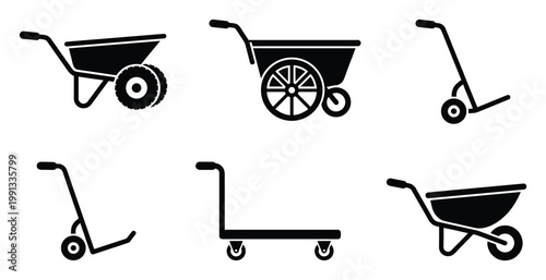 Collection of utility carts and trolleys for various transportation needs, useful for gardening, construction, and moving applications