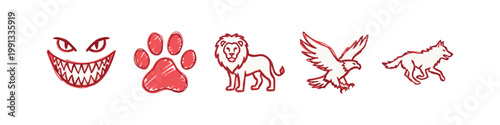 Doodle Icons of Wild Animals and a Monster