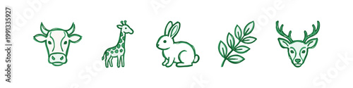 Photography Doodle Icons of Farm and Wild Animals and Plants