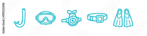 Blue doodle icons for diving: snorkel, mask, regulator, belt, fins.