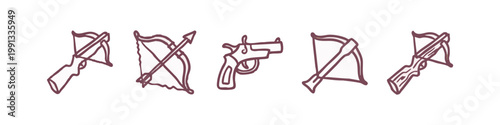 Doodle icons of weapons: crossbow, bow and arrow, pistol, vintage firearm.