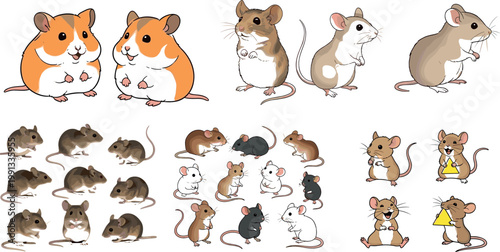 Cute mouse and hamster characters collection with various poses, cartoon rodents set for kids design vector illustration