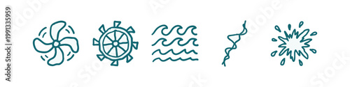 Teal doodle icons related to water and movement: propeller, wheel, waves, wire, splash.
