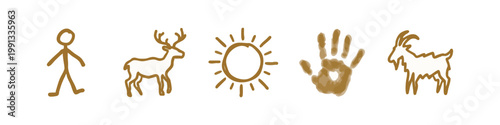 Gold doodle icons: stick figure, deer, sun, handprint, goat.
