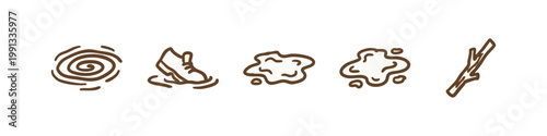 Brown doodle icons of earth and dirt: swirl, mud, puddle, stick.