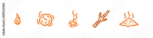Tableau sur toile Orange doodle icons of fire and heat: flame, embers, spark, branch, ash
