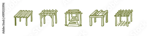 Green doodle icons of structures: pergola, gazebo, awning, shelter.