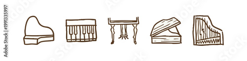 Brown doodle icons of musical instruments: piano, keyboard, harp, stand.
