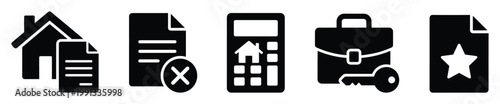 Essential icons depicting housing, property finance, key documents, and real estate business services for web and print.