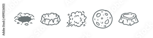 Hand-drawn grey icons of craters, explosion, moon, and stump