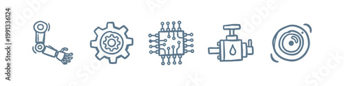 Hand-drawn blue icons of robotics and technology elements