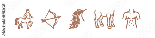 Hand-drawn brown icons related to centaurs and archery