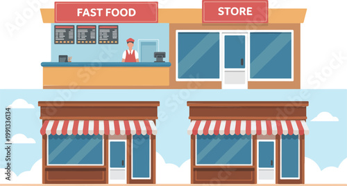 Minimal storefront illustration with fast food shop and retail buildings modern flat vector design with awnings and windows