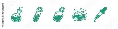 Hand-drawn green icons of laboratory equipment and experiments