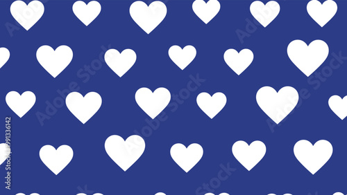 Simple repeating pattern of small white hearts of different sizes scattered over a solid dark blue background.